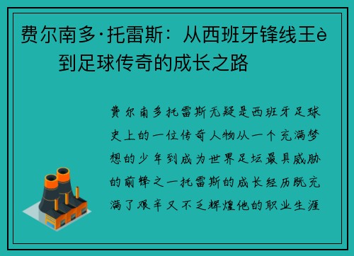 费尔南多·托雷斯：从西班牙锋线王者到足球传奇的成长之路